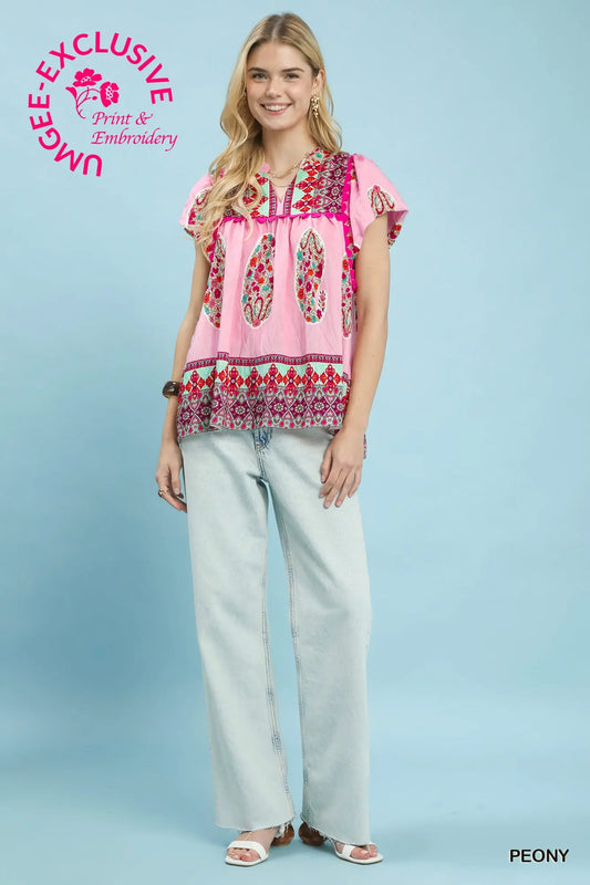 Pink split V-neck scalloped trim blouse