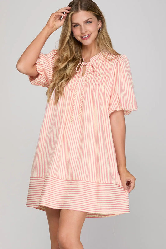 Pink striped puff sleeve dress with pintuck detaIl