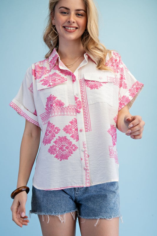 Pink and white printed button down shirt from Twisted Sisters Shoetique