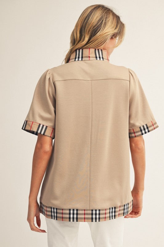 Plaid accent taupe blouse with side slit