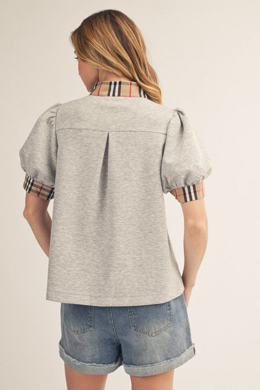 Women’s boutique puff sleeve blouse with contrast detail