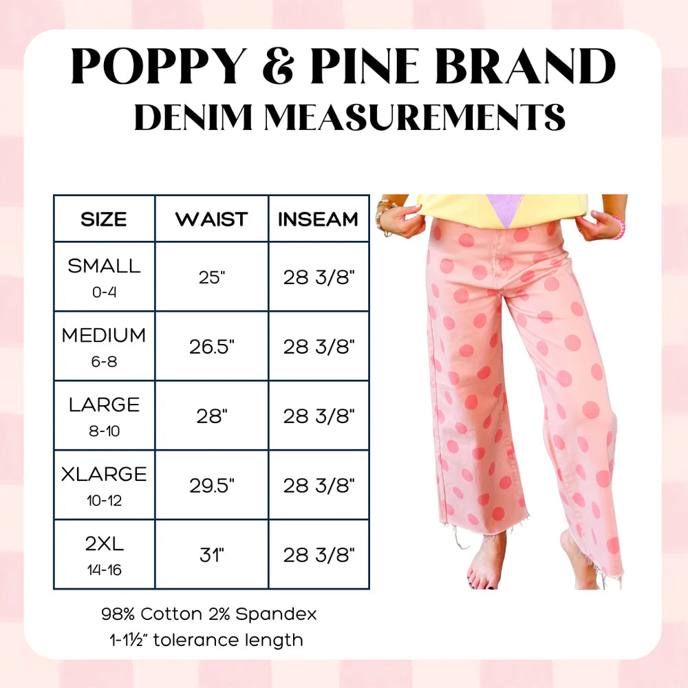 Denim measurements chart for Poppy & Pine brand pants on a pink background