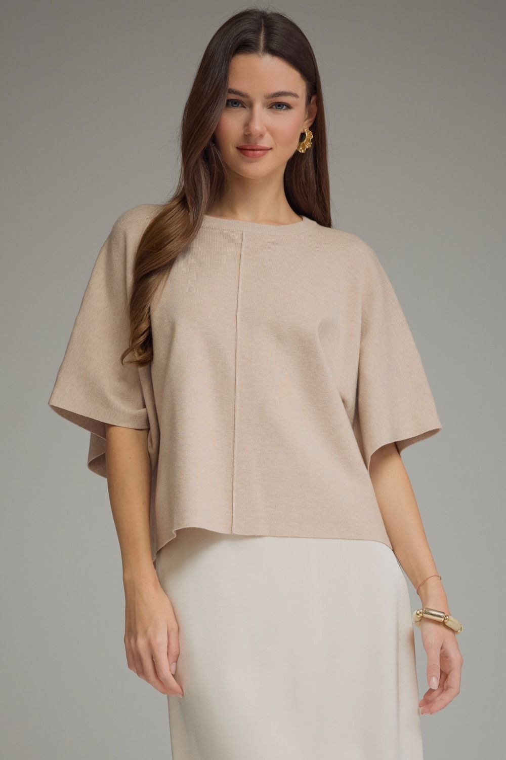 Women's oatmeal short sleeve lightweight knit top with round neckline and relaxed fit