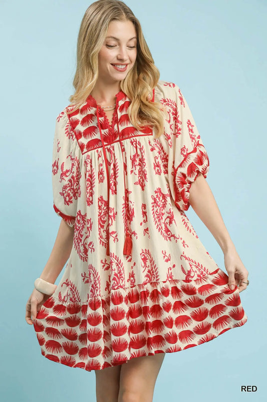 Red abstract print babydoll mini dress with puff sleeves