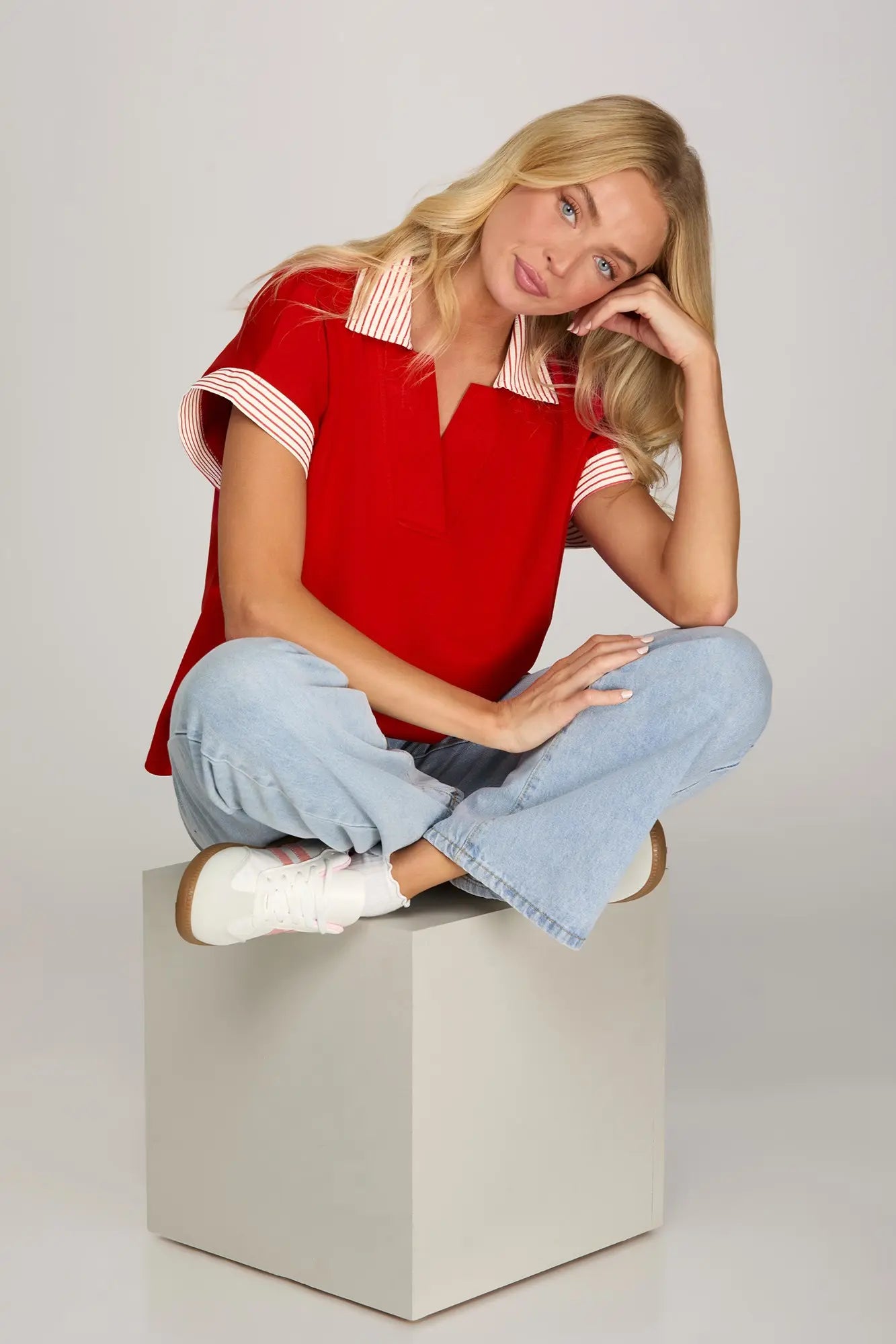 Red drop shoulder collared heavy knit top