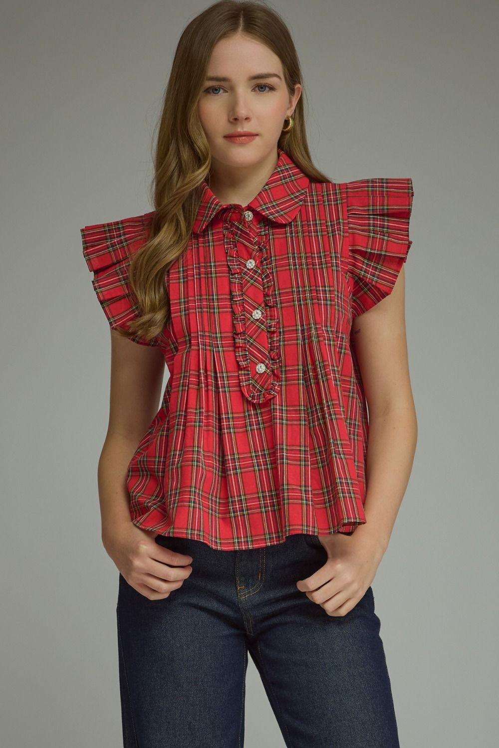 Women's red tartan plaid Christmas top with ruffle sleeves, collar and ruffle button front