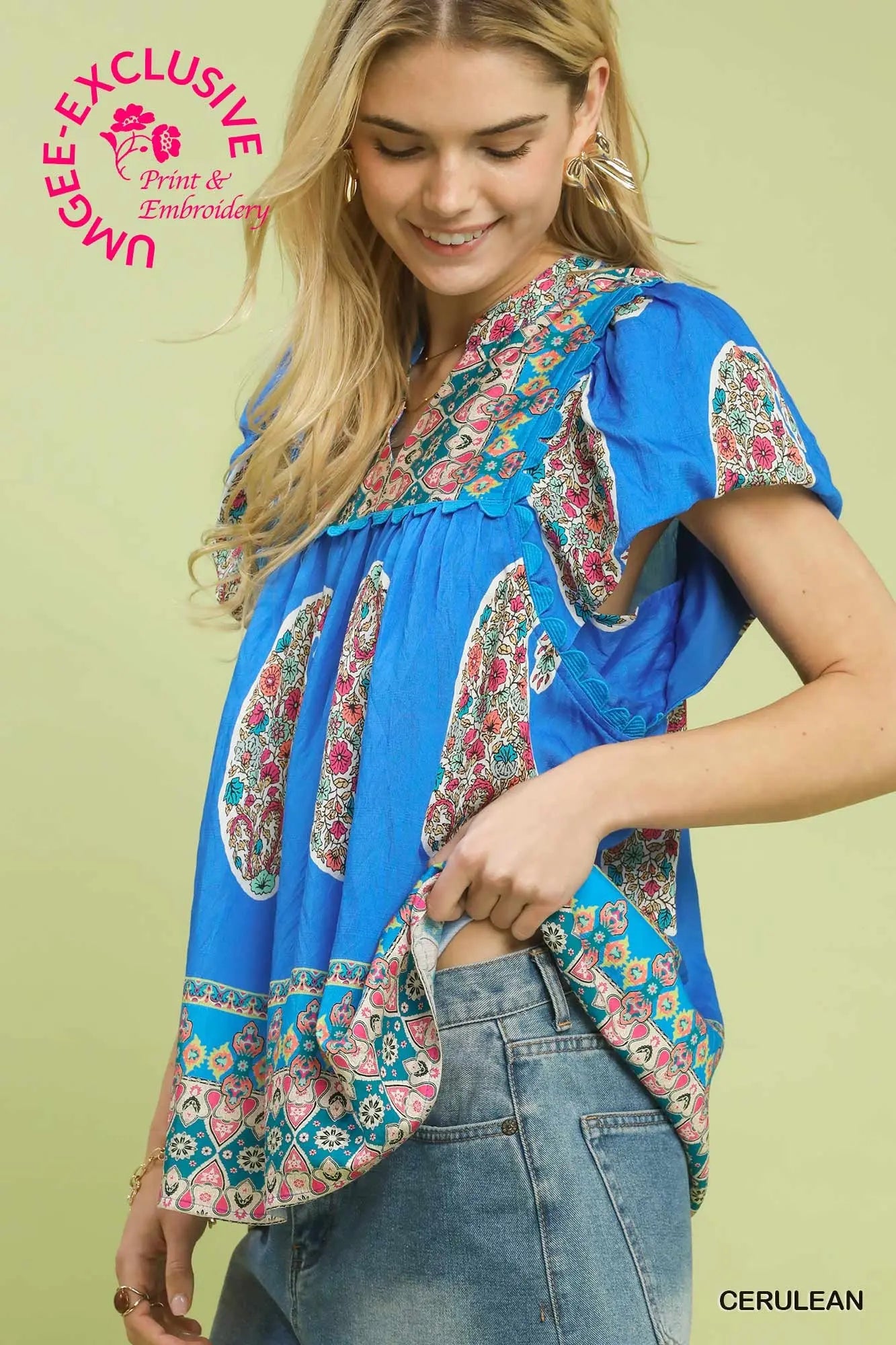 Blue smocked flutter sleeve top women