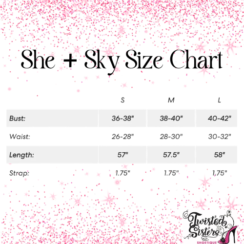 She + Sky Size Chart with measurements for bust, waist, length, and strap on a white background with pink confetti.