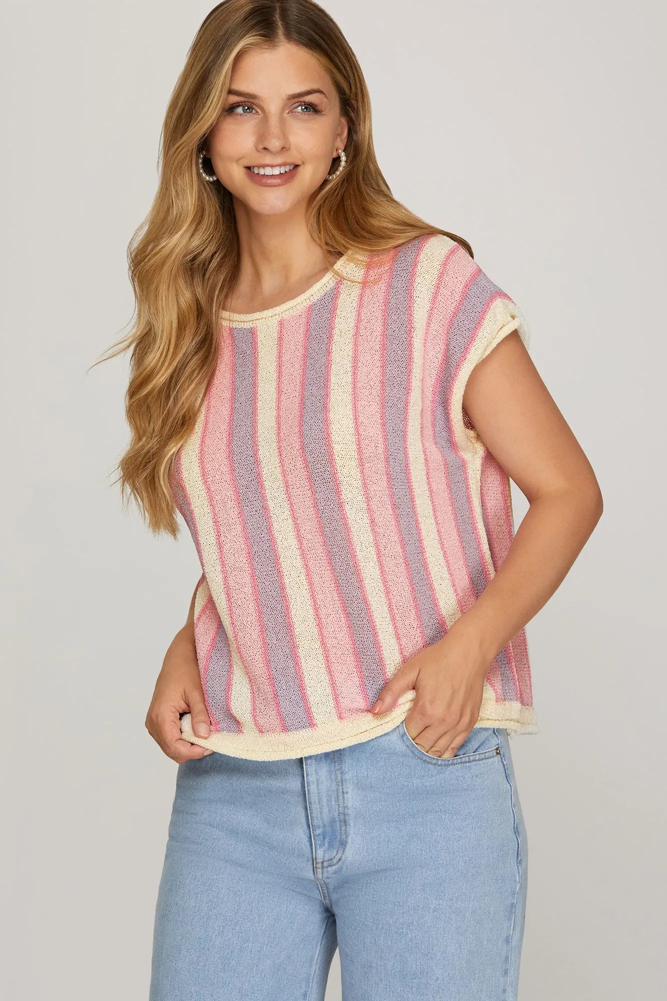 Drop shoulder short sleeve striped knit sweater top