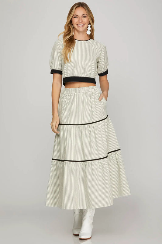 Half sleeve woven stripe crop blouse