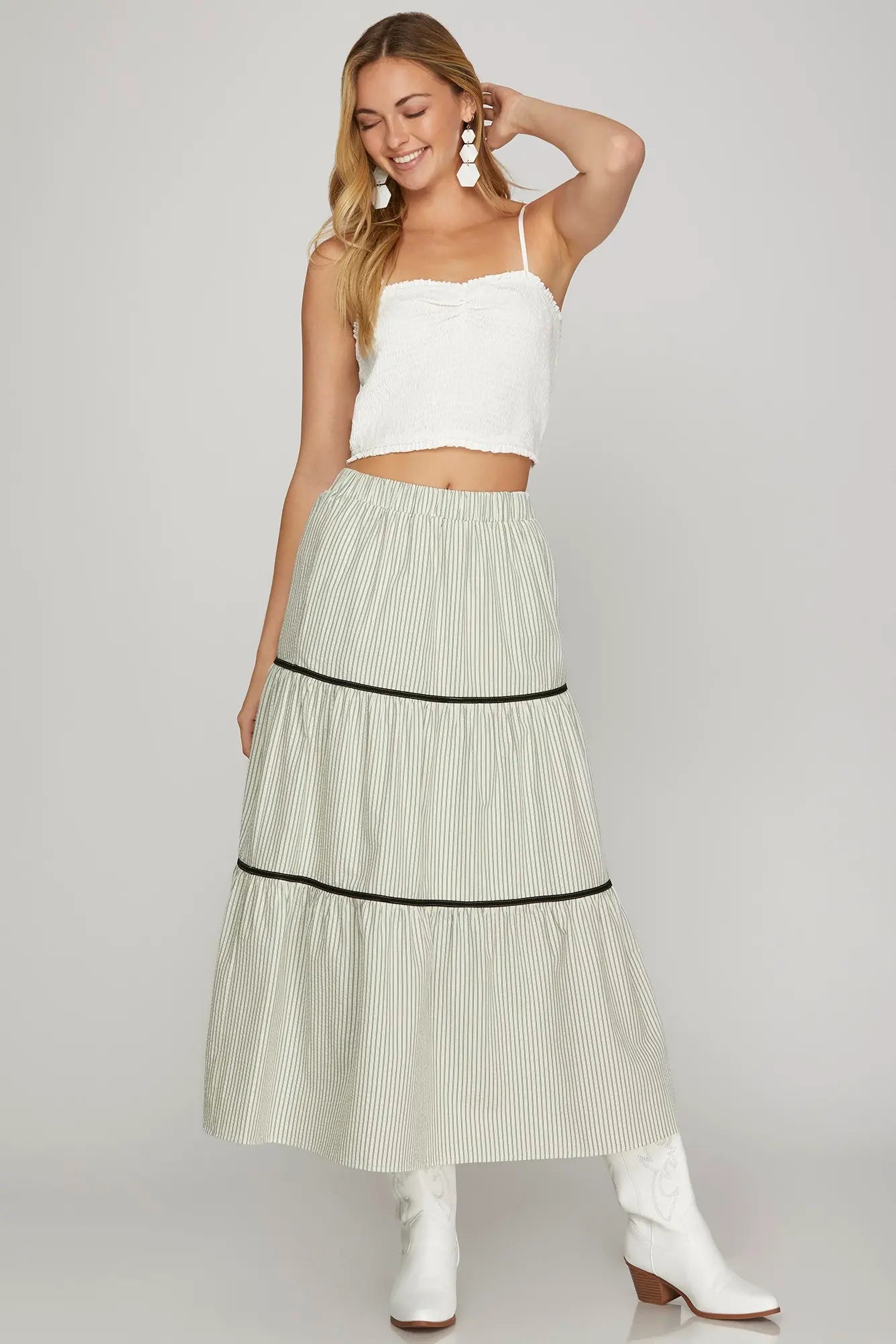 Casual long striped skirt styled outfit