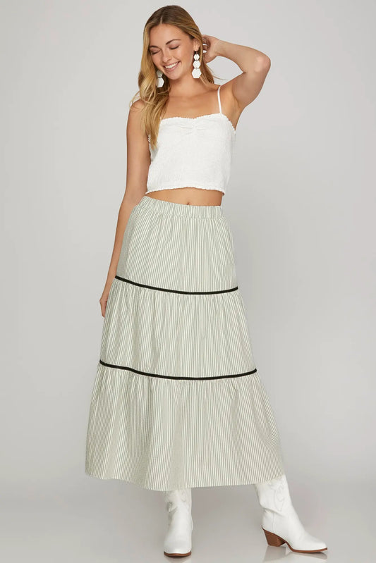 Casual long striped skirt styled outfit