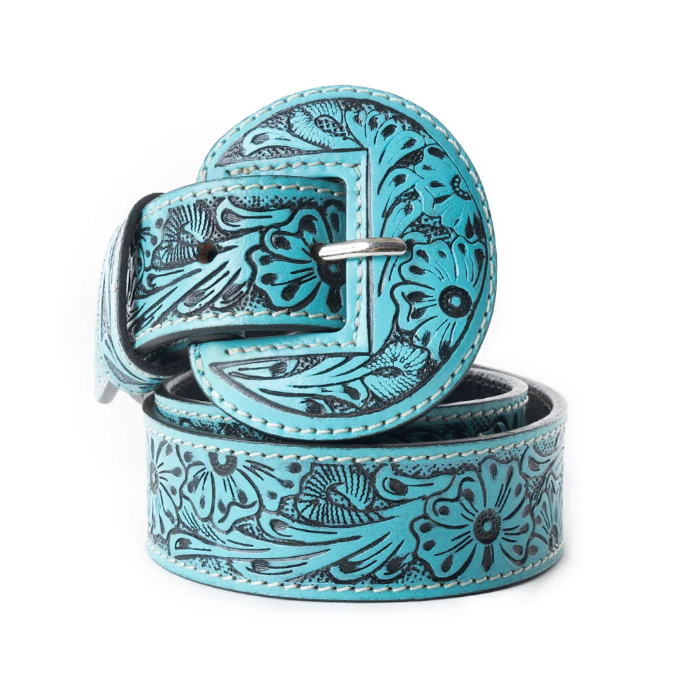 TALON High azure turquoise tooled leather women’s Western belt with floral design and matching buckle
