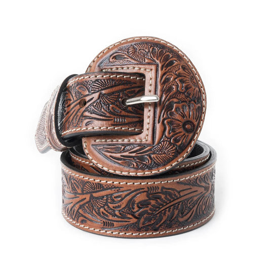 TALON High brown tooled leather women’s Western belt with floral tooling and matching oversized buckle