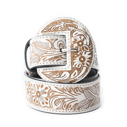TALON High ivory tooled leather women’s Western belt with tan floral detailing and matching buckle