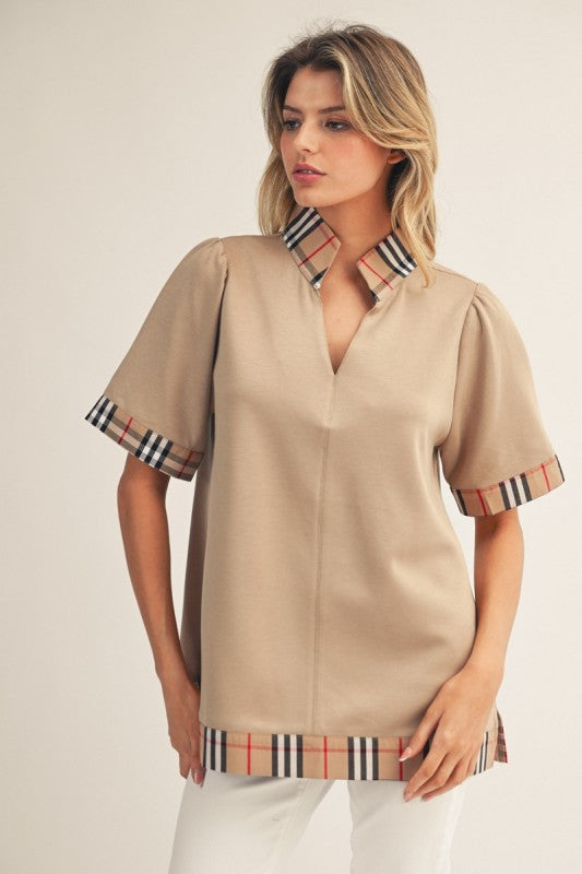 Taupe standing neck top with plaid contrast from Twisted Sisters Shoetique