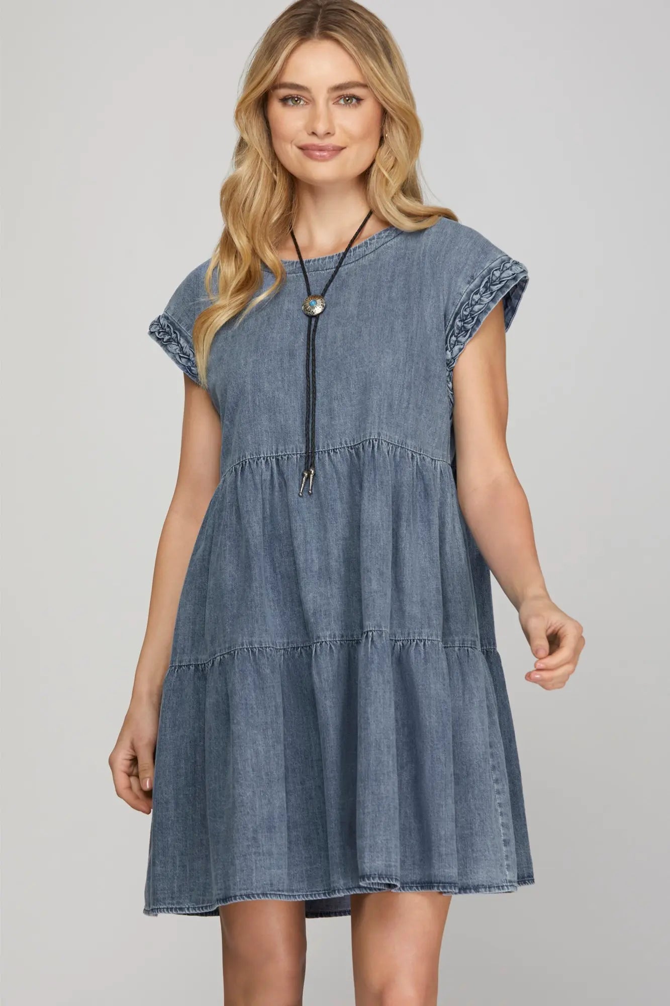 Tiered denim washed dress front view