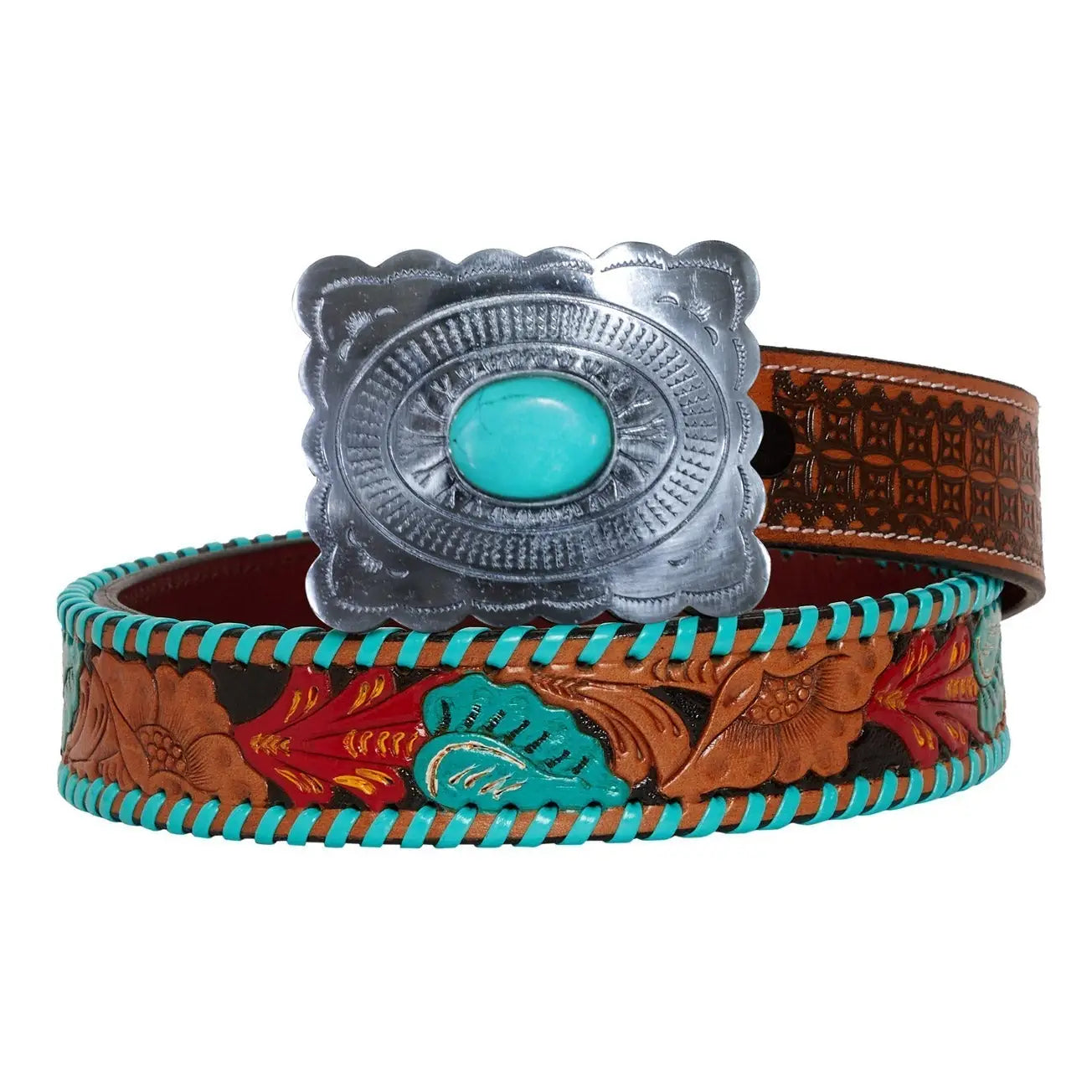 Women’s hand-tooled leather Western belt with turquoise floral accents, whipstitch trim and silver concho buckle