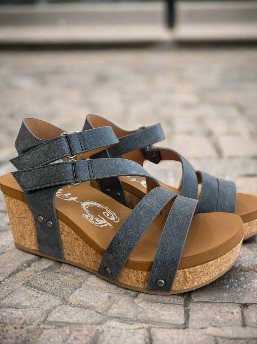 Comfortable navy strappy wedges for everyday wear