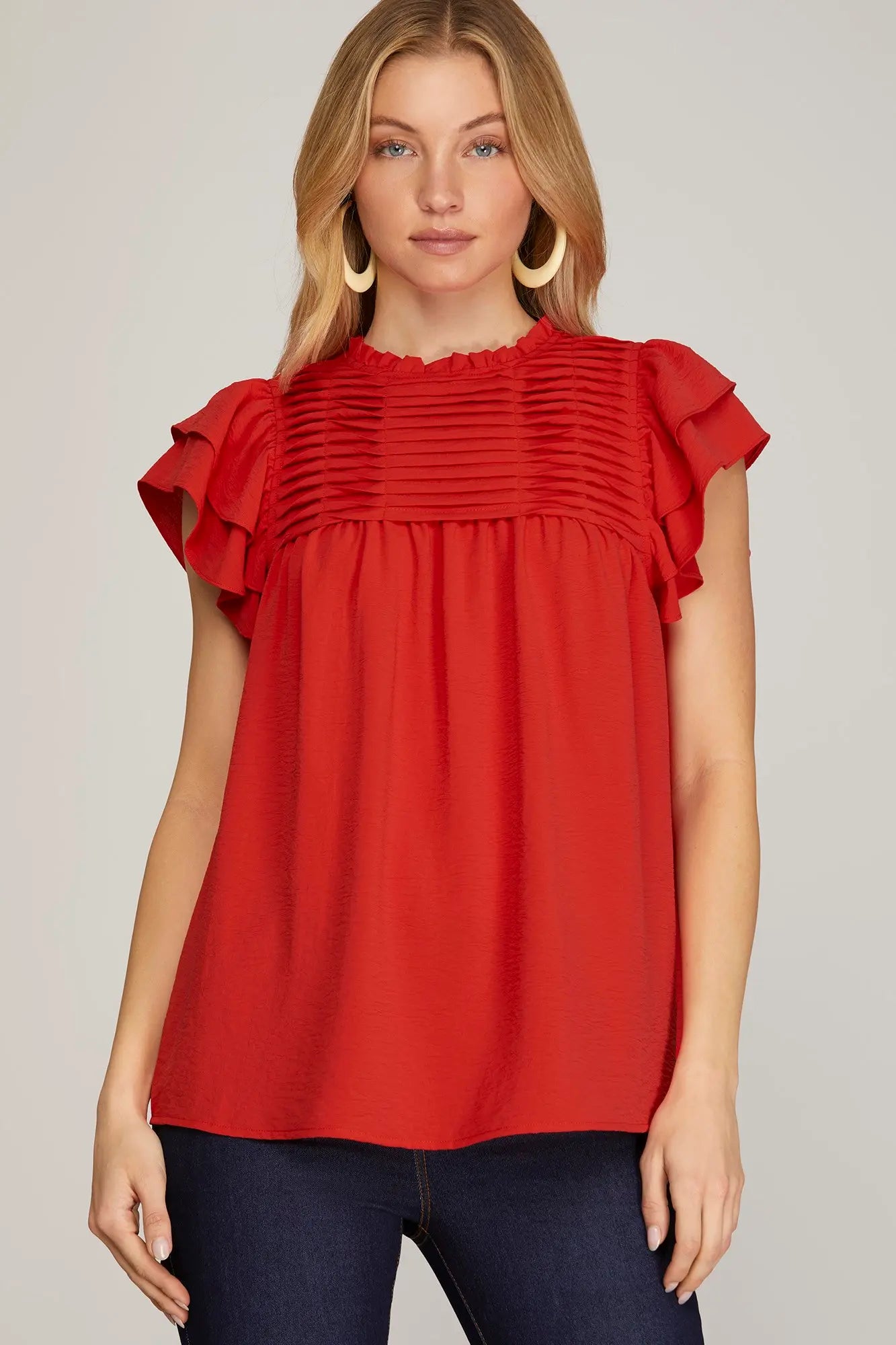 Women’s boutique red pleated yoke blouse