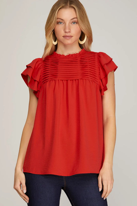 Women’s boutique red pleated yoke blouse