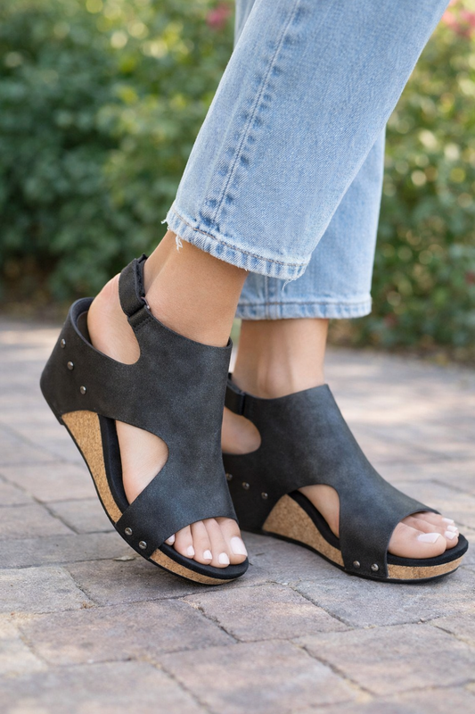 Casual wedge sandals with metal stud accents