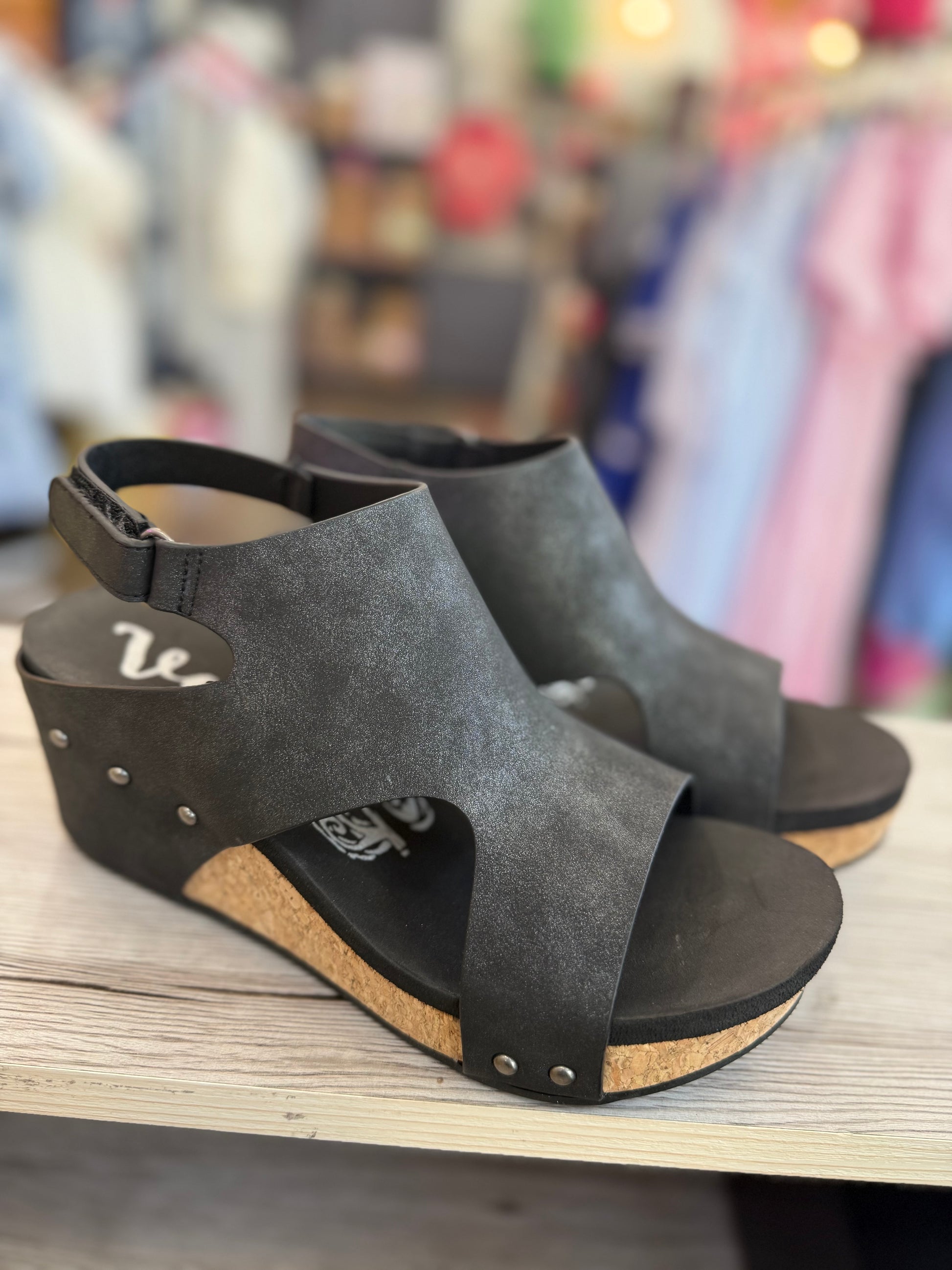 Very G Wally cork wedge sandals from Twisted Sisters Shoetique in Waco Texas