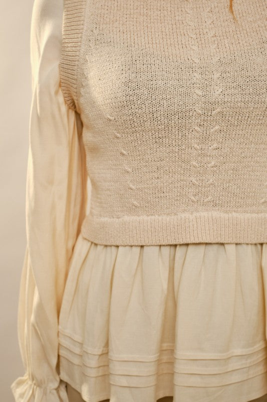 Cable knit vest texture detail on women’s layered top from Texas boutique