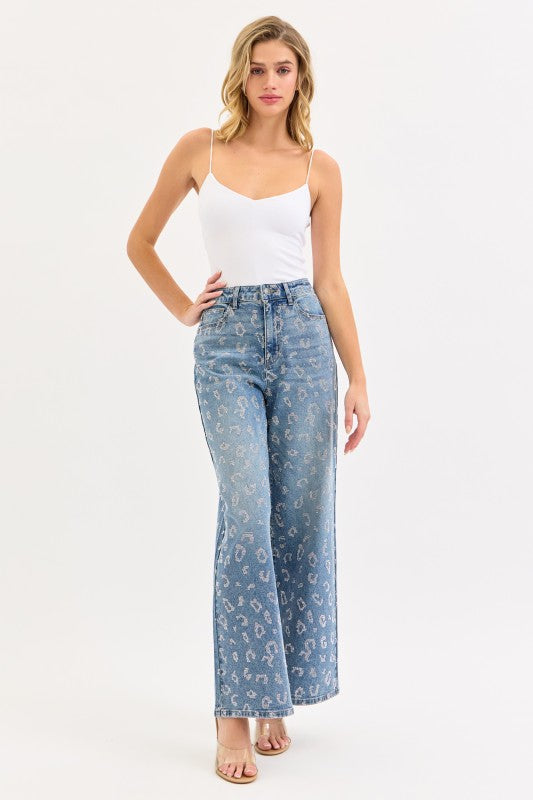 Trendy women’s Cello rhinestone leopard wide leg jeans from Twisted Sisters Shoetique in Waco Texas