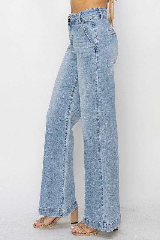 Double button waistband detail on women’s high rise wide jeans boutique Texas
