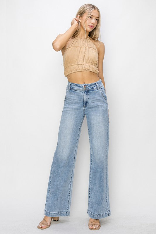 Trendy women’s high rise double button wide jeans from Twisted Sisters Shoetique in Waco Texas