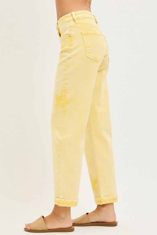Risen slouchy boyfriend jeans banana yellow star wash boutique Waco TX