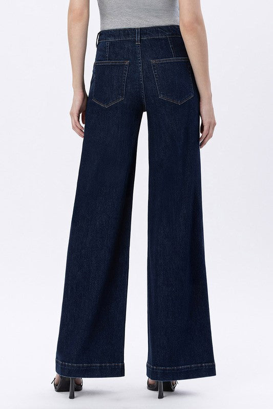 Back view of women’s high rise wide leg jeans from Waco boutique