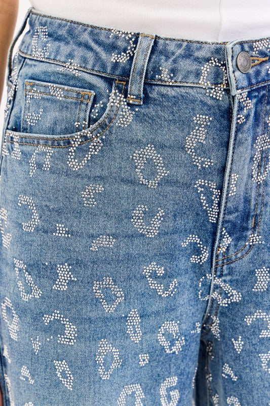 Rhinestone detail on women’s leopard wide leg jeans from Texas boutique