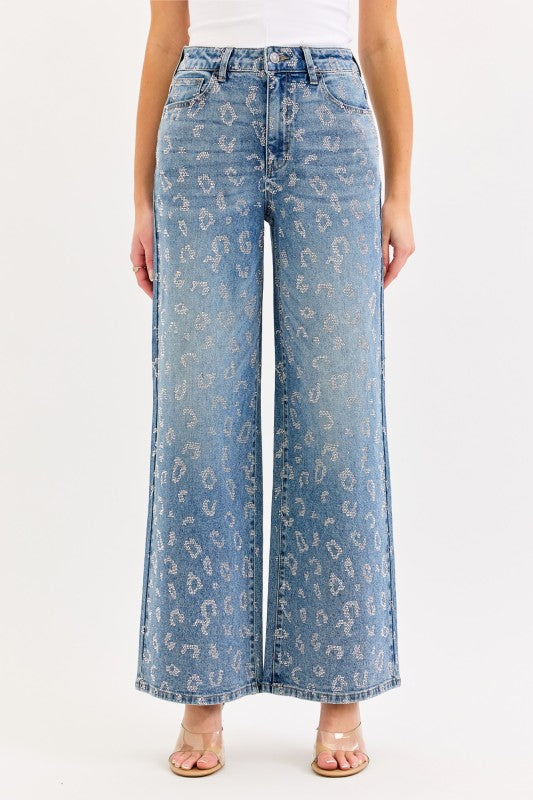 Women’s boutique high rise rhinestone leopard jeans from Twisted Sisters Shoetique in Waco Texas