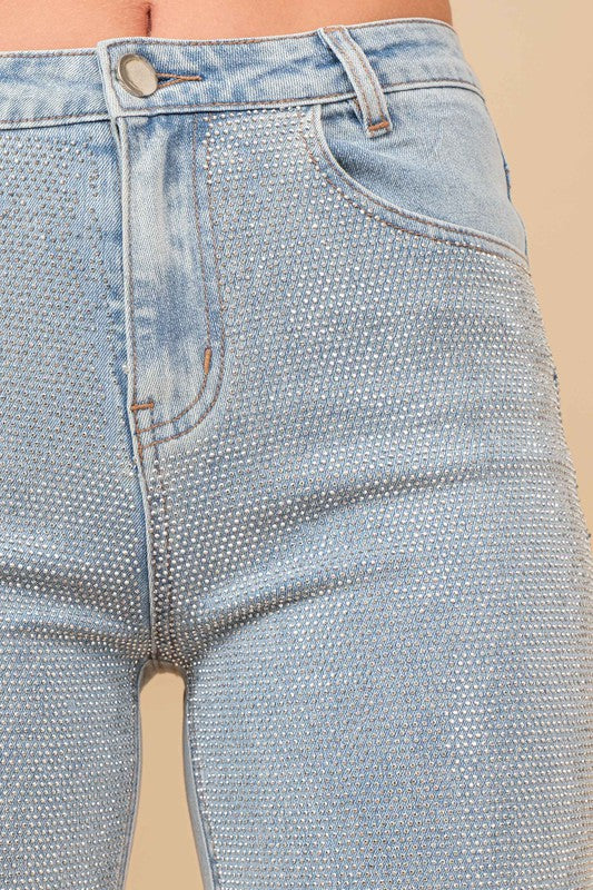 Rhinestone stud detail on women’s high rise denim jeans from Texas boutique