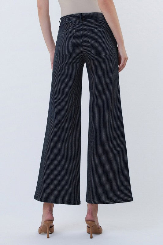 Back view of women’s striped crop wide leg jeans from Waco boutique