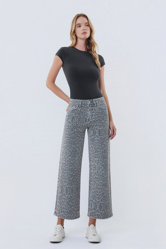 Trendy women’s Vervet high rise grey leopard crop wide leg jeans from Twisted Sisters Shoetique in Waco Texas