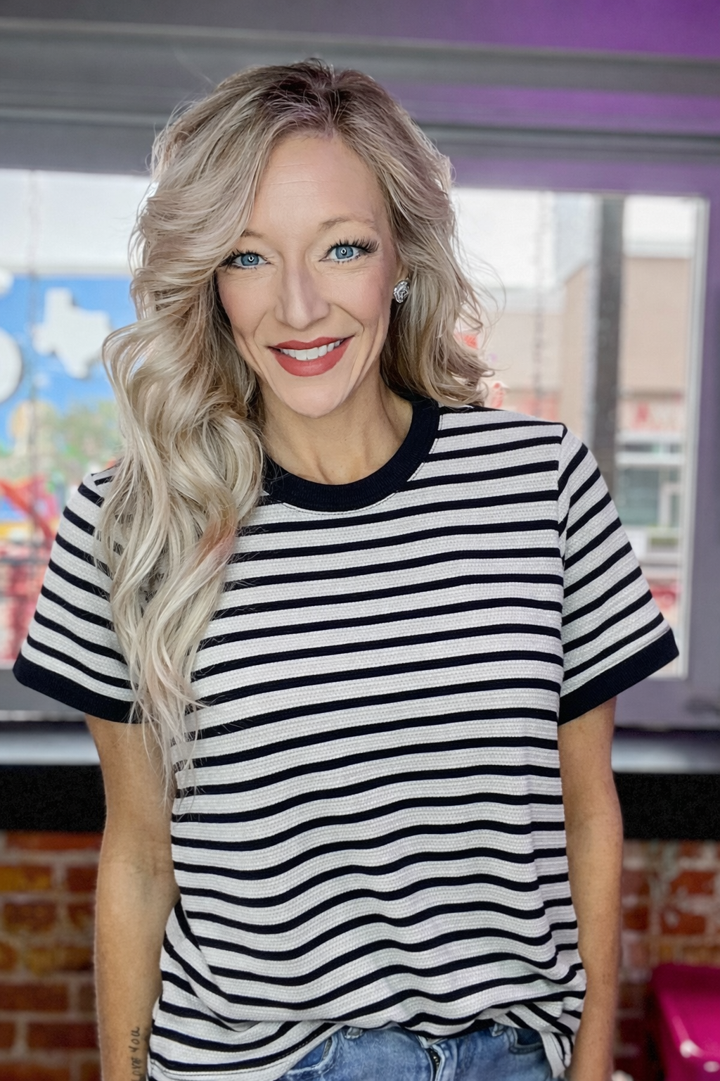 Women’s boutique black and white stripe top from Twisted Sisters Shoetique in Waco Texas