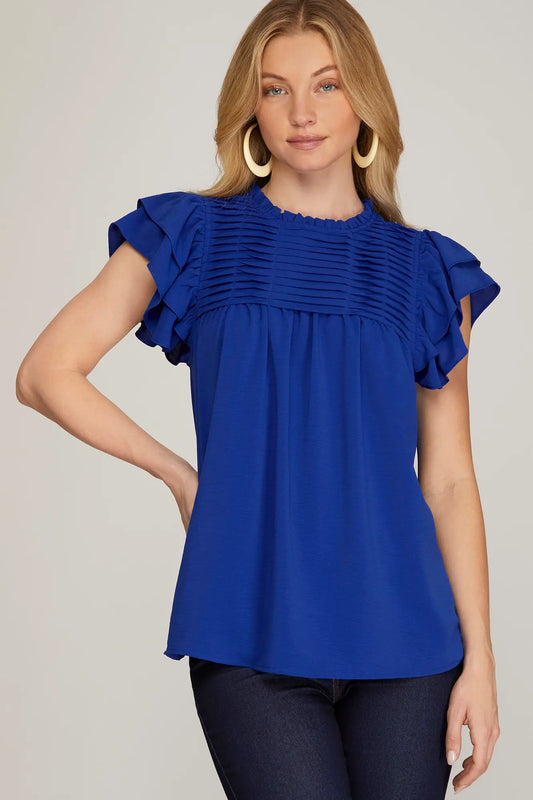 Pleated Yoke Blouse-Royal Blue - Twisted Sisters Shoetique