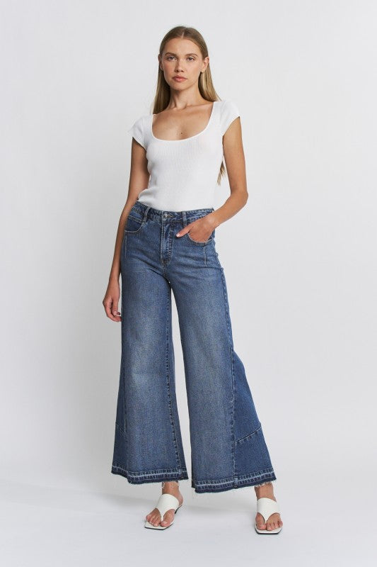 denim blue wide leg jean with contrasting side panel