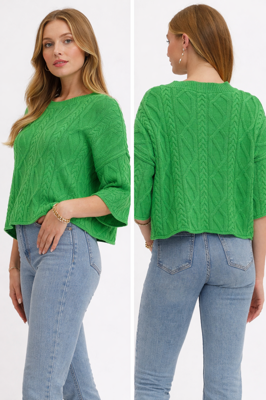 Women’s green ¾ sleeve sweater knit pullover top from Twisted Sisters Shoetique in Waco Texas