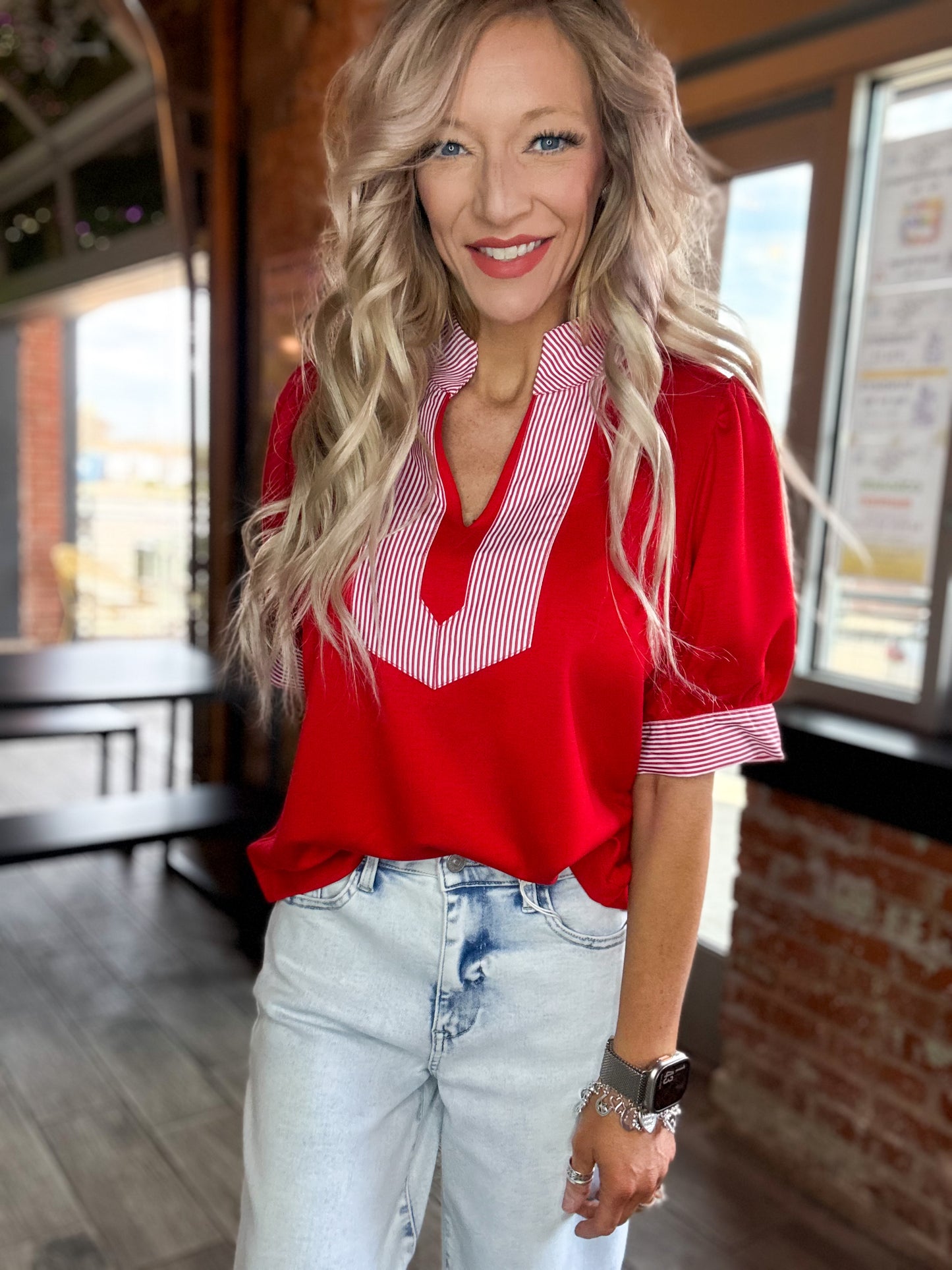Women’s boutique red blouse from Twisted Sisters Shoetique in Waco Texas
