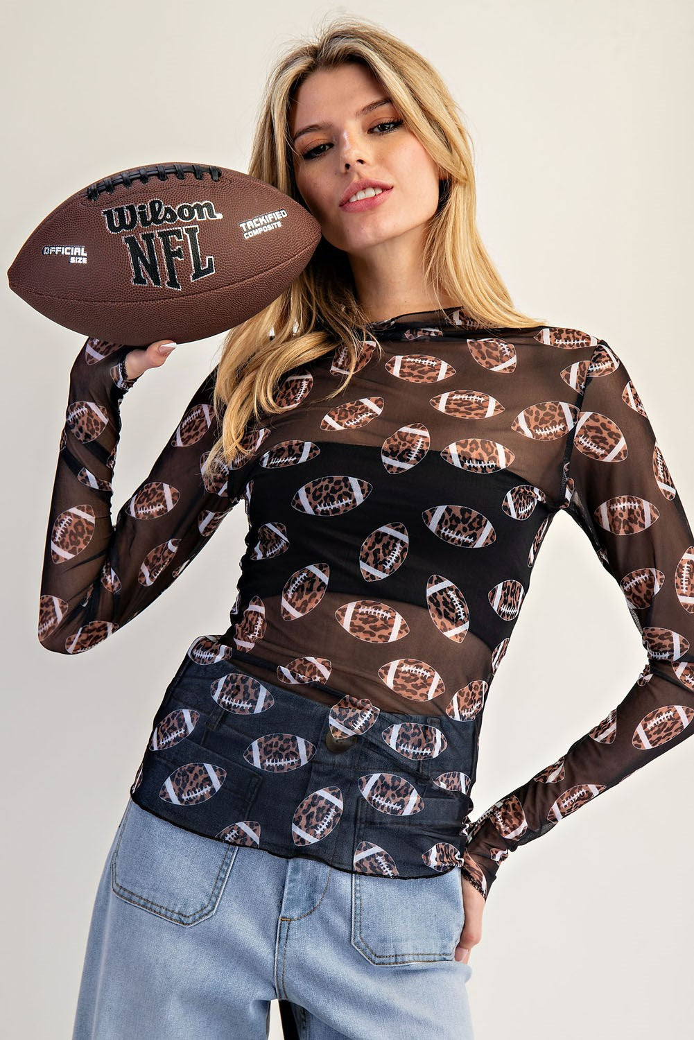Sheer leopard football print mesh layering top with long sleeves and thumbhole cuffs