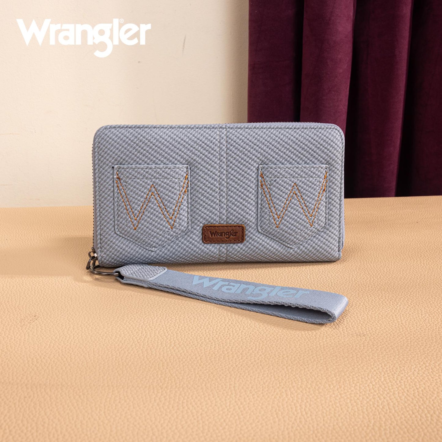 Wrangler gray wristlet wallet with double Western pocket design and W stitching