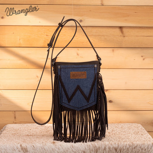     Wrangler denim and leather fringe crossbody bag